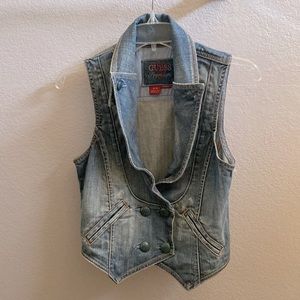 Guess Medium Dark Blue Wash Sleeveless Jean Jacket/Vest